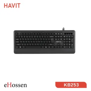 Havit KB253 USB Exquisite Keyboard – Wired design with 104 keys, sleek black layout, and USB connectivity.