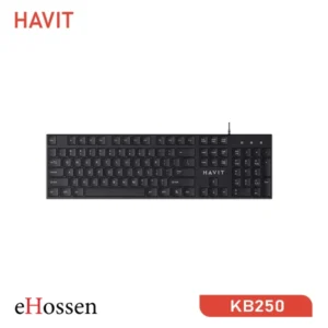 Havit KB253 USB Exquisite Keyboard – 104 keys, USB interface, black design, and wired connection.