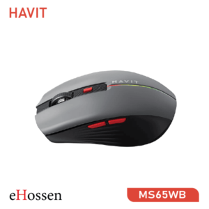 Havit MS65WB Wireless Mouse featuring dual connectivity (Wireless 2.4GHz and Bluetooth 5.0) with 6 keys, adjustable DPI (1000-1200-1600), and a sleek black design.