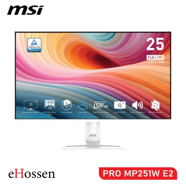 MSI PRO MP251W E2 24.5" FHD IPS monitor with HDR Ready, 120Hz refresh rate, and built-in speakers.